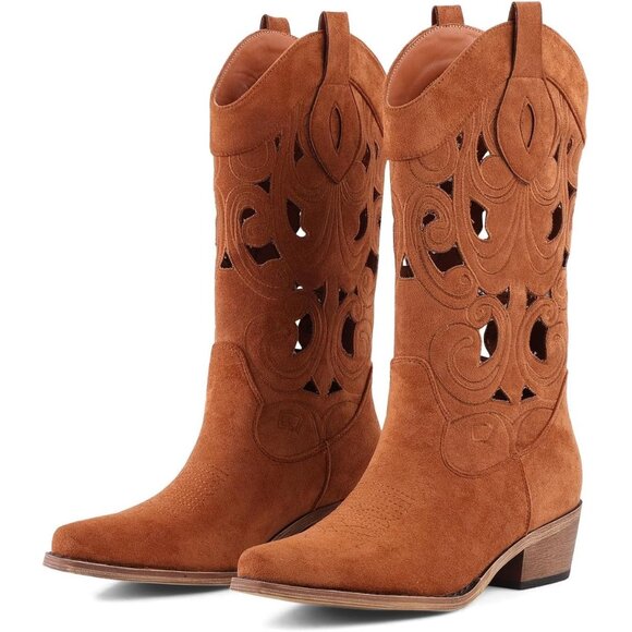 ⚡Women’s Brown Suede Western Cowboy Boots Exquisite Cutout Design Mid Heel - Picture 1 of 6